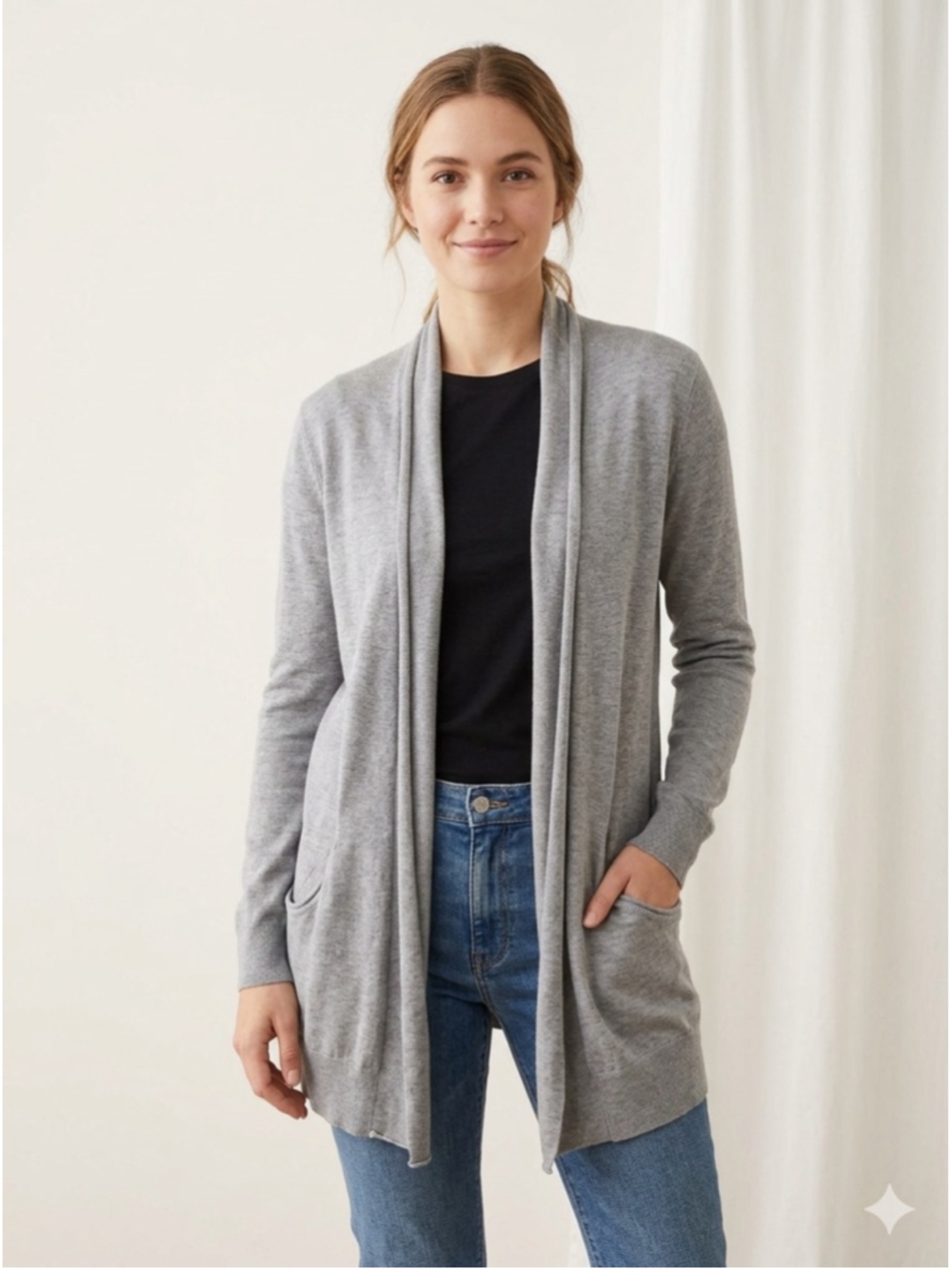 Aritzia Wilfred Gray Open Front Shawl Collar Long Cardigan Sweater Pockets 1947